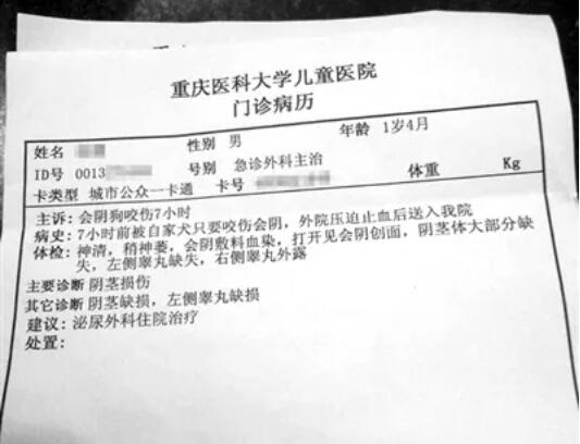 重庆医科大学儿童医院门诊病历(被狗咬)图片