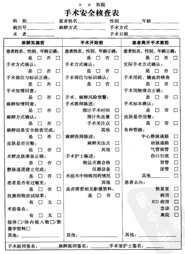 手术安全核查表