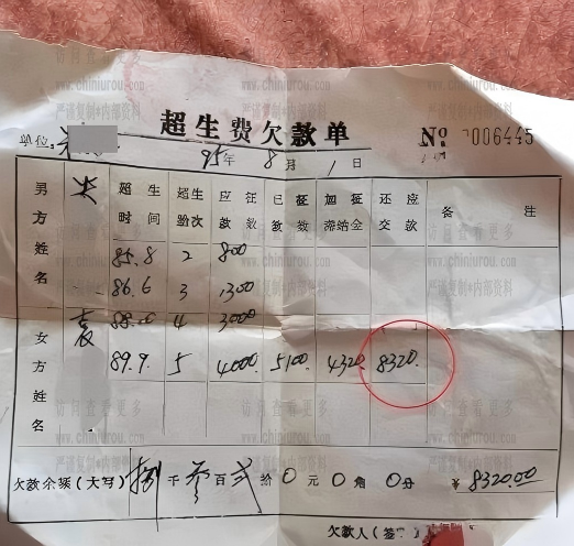 超生费欠款单(1995年)